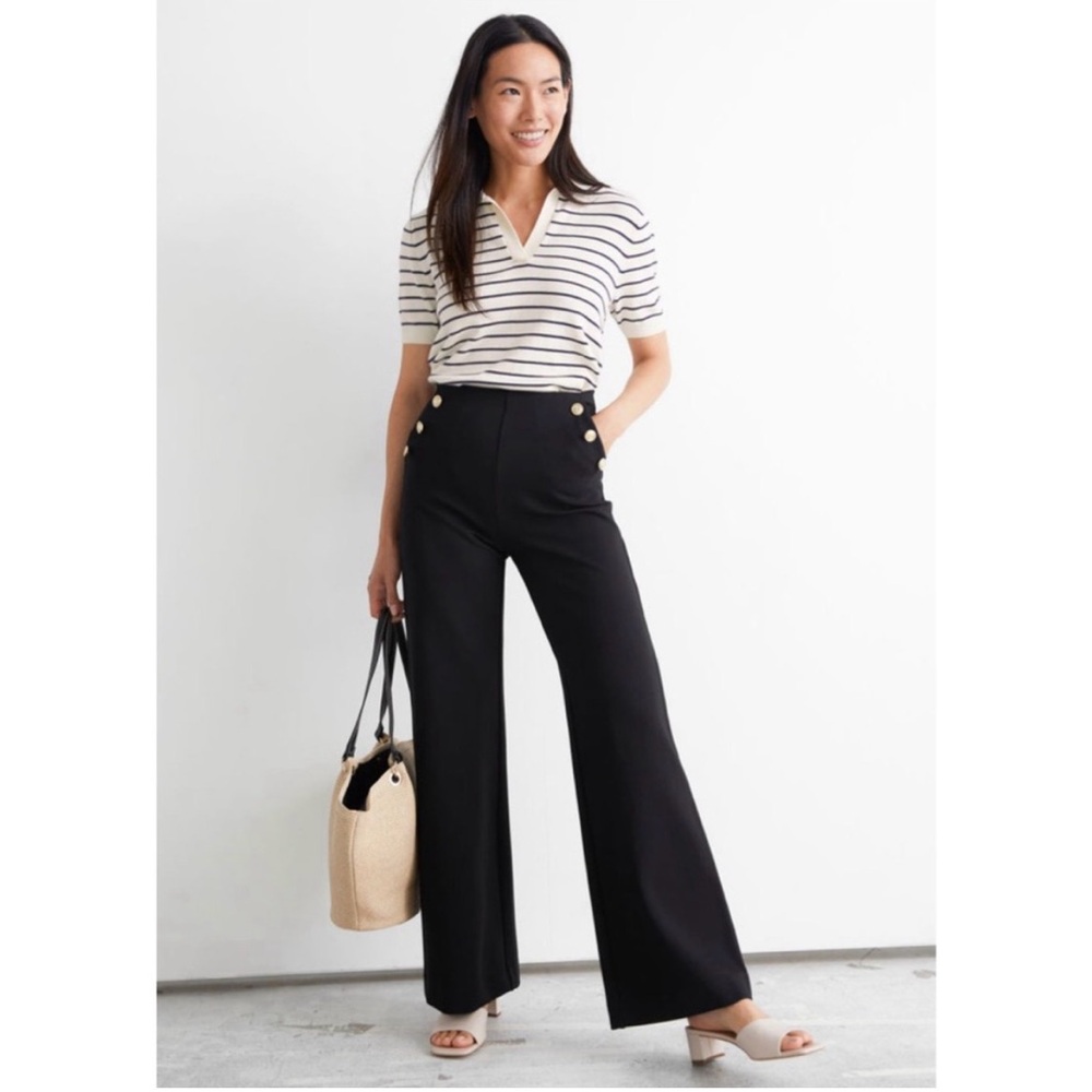 & Other Stories Paris Wide Leg Trousers Black Sz 4 Stretch Sailor High Waist